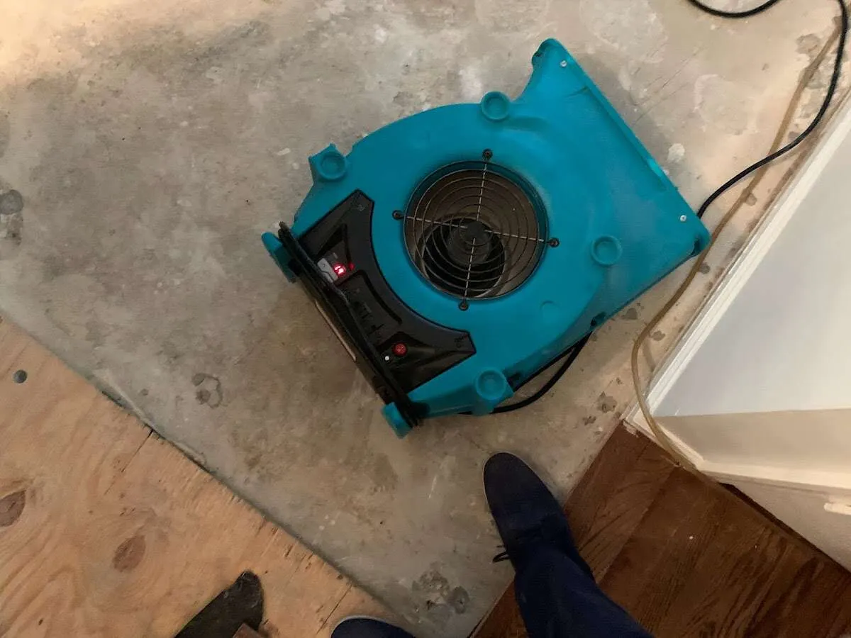 Air mover drying subfloor during Leak Detection & Repair in Reserve